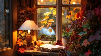 Quaint reading nook by a window with an open book, a vintage lamp, and autumn leaves, creating a serene fall atmosphere.
