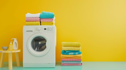 Folded and hung yellow towels with laundry detergent and wicker basket by washing machine.