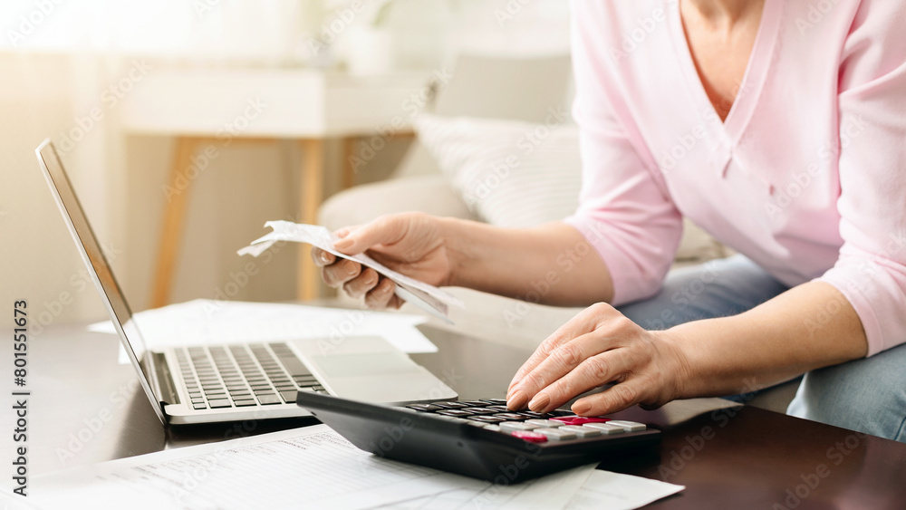 Poster cropped of woman is seated at a desk, focused on her work. she is using a calculator and a laptop to