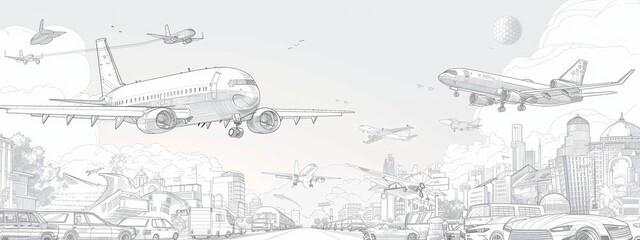 Line art illustrations of different modes of transportation, such as planes, trains, and automobiles.
