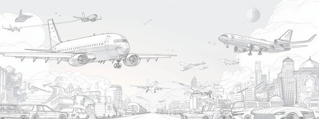 Fototapeta premium Line art illustrations of different modes of transportation, such as planes, trains, and automobiles.