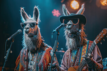 Fototapeta premium Two hippie llamas perform on stage with a microphone. The concept of humor, concert show. Generated by artificial intelligence