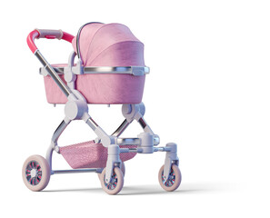Pink leather baby stroller on transparent background. 3D render back right view