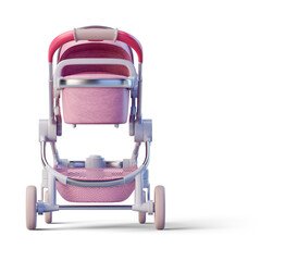 Pink leather baby stroller on transparent background. 3D render front view