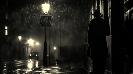 A vintage film noir scene with a detective in a trench coat, illuminated by a single streetlamp's glow on a rainy night