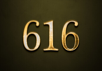 Old gold effect of 616 number with 3D glossy style Mockup.	