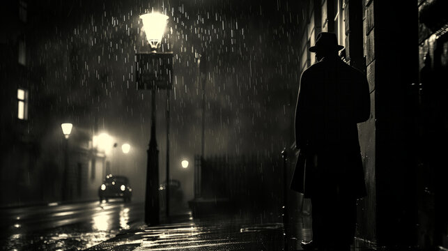 A vintage film noir scene with a detective in a trench coat, illuminated by a single streetlamp's glow on a rainy night