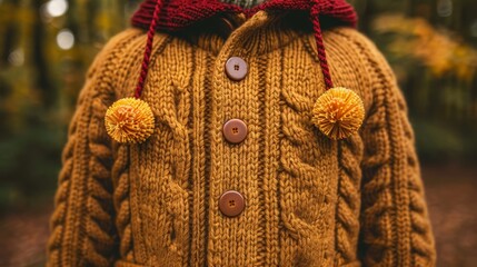   A close-up of a person wearing a yellow sweater with buttons, and a red scarf draped around their neck