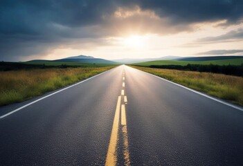 Naklejka premium 'ahead road stance sappearing route highway asphalt tarmac background journey auto automobile vacation countryside blue car drive empty environment escape field freedom green'