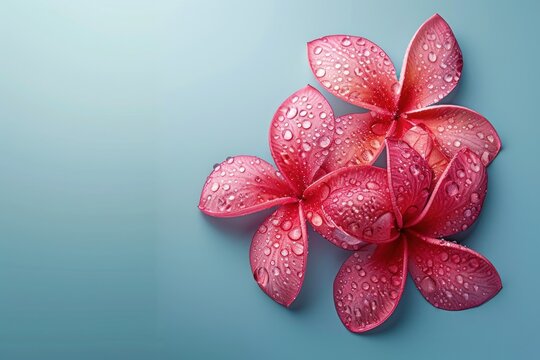 Three pink flowers with water droplets on them. The flowers are arranged in a way that they are almost touching each other