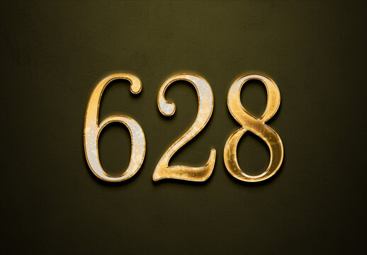 Old gold effect of 628 number with 3D glossy style Mockup.	