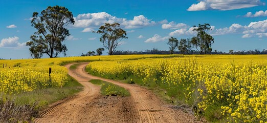 a wide shot of a field road going through a rape field with a big tree at the end. AI generated illustration - obrazy, fototapety, plakaty