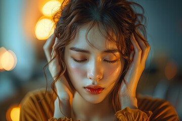 Asian woman with red lipstick and glittery eyeshadow is wearing a yellow shirt. She is looking down and she is in a contemplative mood