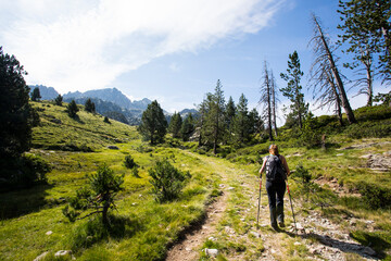 Young hiker woman in Vall de Boi, Aiguestortes and Sant Maurici National Park, Spain