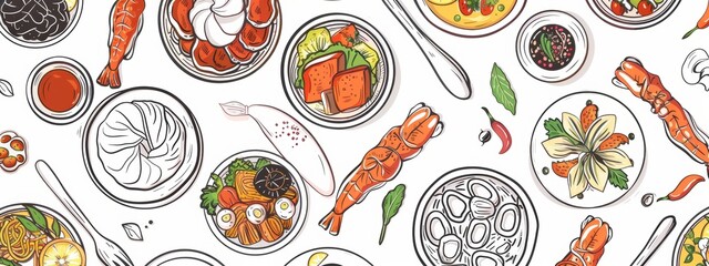 Line art illustrations of famous food and cuisine from different cultures around the world.