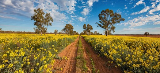a wide shot of a field road going through a rape field with a big tree at the end. AI generated illustration