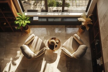 Living room interior with armchairs top view.