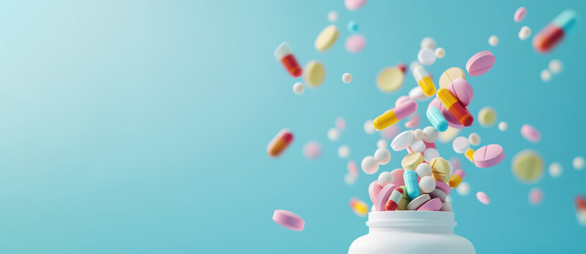 dynamic image of colorful pills exploding from bottle into the air, free copy space 