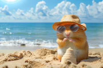 Obraz premium Hamster Building Sandcastle on Beach Cartoon