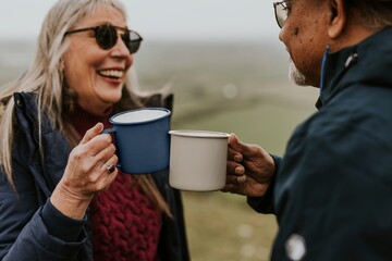 Happy senior couple drinking from mug, outdoor beverage