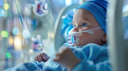 A baby lying in a hospital bed with a pacifier soothingly sucking on it.