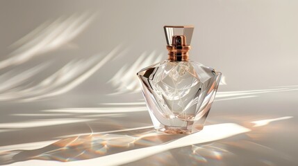 Rose gold perfume bottle on a light pink background. Studio photography with soft lighting.