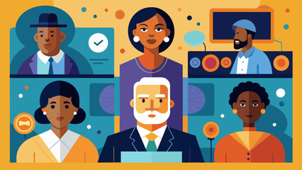 A presentation panel showcasing the influential figures of the Harlem Renaissance accompanied by a speaker highlighting their contributions to art. Vector illustration