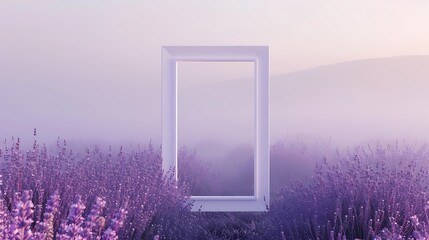 Nestled amidst the tranquility of a misty morning, a pristine white mockup frame stands against a backdrop of soft lavender, inviting quiet contemplation and creative exploration