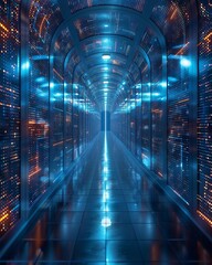 A long, futuristic corridor with blue and orange lights. The walls are made of glass and the floor is made of metal.