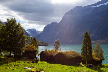 Traditional houses in Lovatnet lake valley in south Norway, Europe