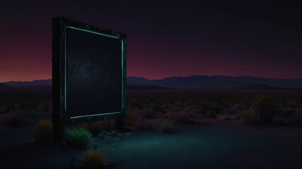 an iron sign with a glowing red neon frame on a desert landscape background