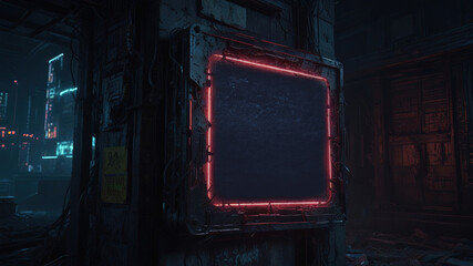 A concrete sign with a glowing red neon frame on a background of concrete walls