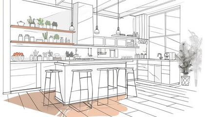 Sketch of a modern kitchen with natural elements. Interior design drawing for design and print.
