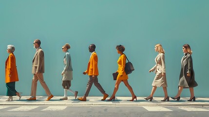 Naklejka premium Group of Eight People Walking in Unison Against Pale Blue Background