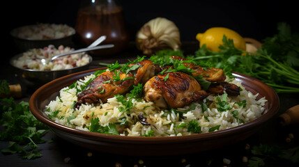 A savory and comforting bowl of chicken and rice with saut?(C)ed onions and spices.