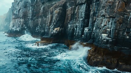 Rugged cliffs rise majestically from the churning sea below, their ancient faces weathered by the...