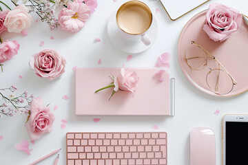 Pink keyboard and mouse are on a white background with pink flowers and a cup of coffee. Suggest a relaxed and comfortable atmosphere