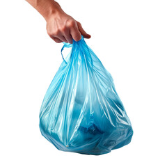 Fototapeta premium A blue garbage bag in a hand, isolated against a white or transparent background. Close-up of the blue garbage bag in a hand. Sorting garbage into the correct containers. Graphic design element.