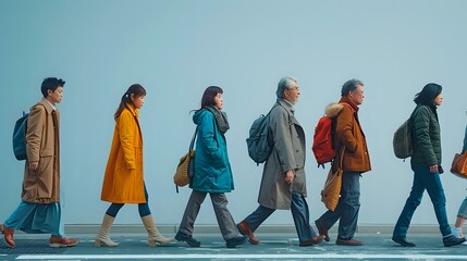 Professionals in Motion: Eight Individuals Walking in Unison