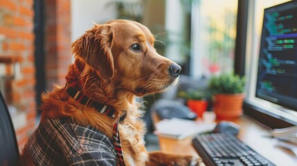 Contemplative dog at computer in home office. Work-life balance and pet companionship concept