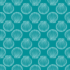 Underwater seamless pattern with seashell line art illustration in white color on turquoise background. Scallop sketch, seashell line drawing. Summer beach ocean print for background, textile, fabric
