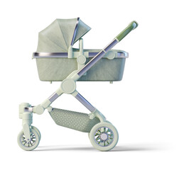 Light green leather baby stroller on transparent background. 3D render left view