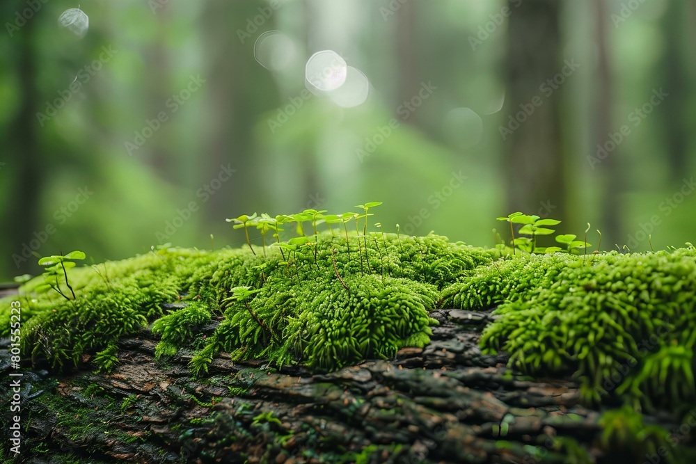 Sticker Green Moss-Covered Log in a Lush Forest with Blurred Background