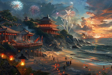Temple Ocean View with Beachfront Fireworks Display