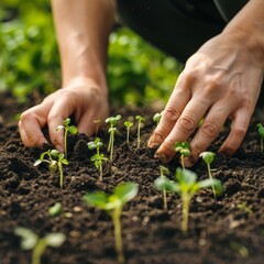 Fertilizing soil with growing young sprout outdoors hands close up.