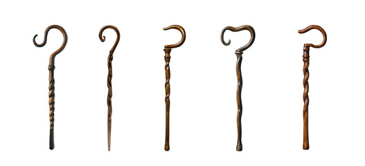 set of wooden crooks. Shepherd's crook. wood rod. intricate antique cane. Isolated transparent background PNG. Premium pen took cutout. Wizardry. Medieval object. Religious Shepherd concept. 