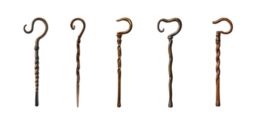 set of wooden crooks. Shepherd&#x27;s crook. wood rod. intricate antique cane. Isolated transparent background PNG. Premium pen took cutout. Wizardry. Medieval object. Religious Shepherd concept. 