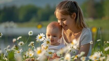 Young Mother Enjoying Time with Baby in Flower Field