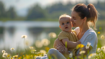 Mother Embracing Child in Sunny Meadow