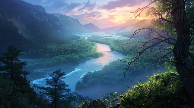 A wide river flows through a valley with green hills on both sides. The sun is setting behind the hills, casting a golden glow over the scene. A tree is in the foreground on the right side of the phot